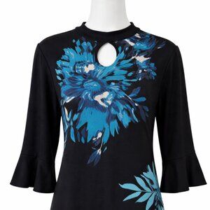 Roz & Ali Black Blue Floral Bell Sleeve Dress Size Large